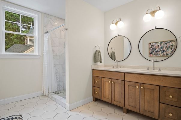 Bathroom, Dual Sink Vanities, Glass Shower, Interior, Marble Walls