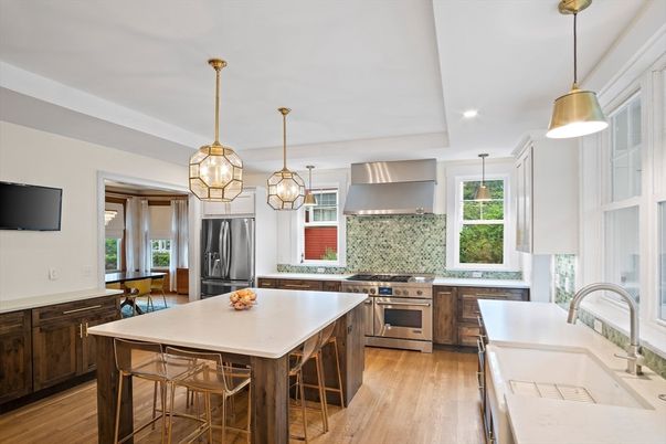 Interior, Kitchen, Pendant Lights, Recessed Lighting, Stainless Steel Appliances, Wood Texture Flooring
