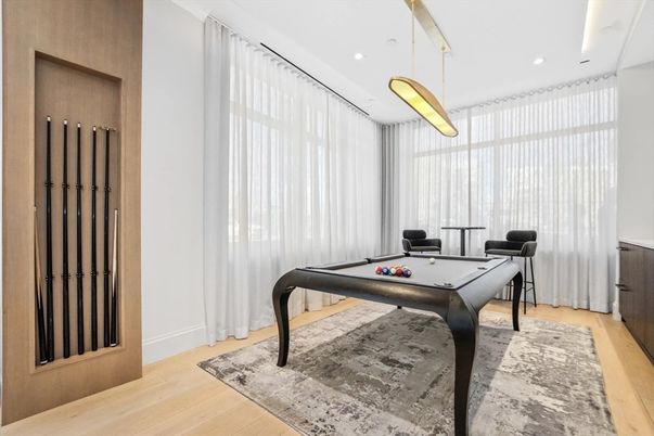 Billiard Table, Game Room, Interior, Pendant Lights, Recessed Lighting, Wood Texture Flooring
