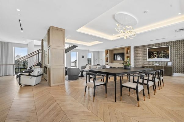 Dining room, Interior, Living room, Pendant Lights, Recessed Lighting, Wood Texture Flooring