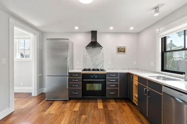 Interior, Kitchen, Recessed Lighting, Stainless Steel Appliances, Wood Texture Flooring