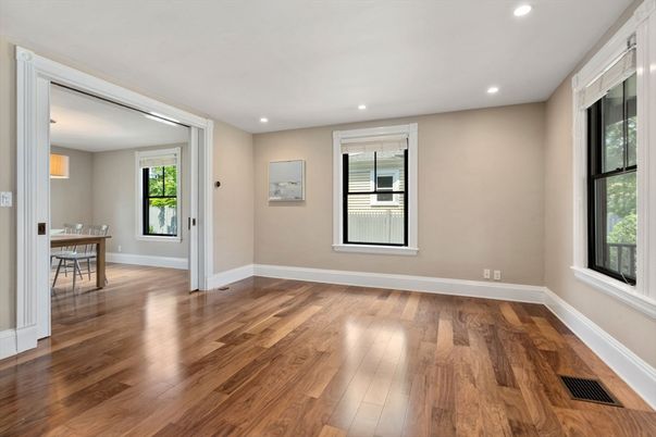 Dining room, Empty room, Interior, Recessed Lighting, Wood Texture Flooring