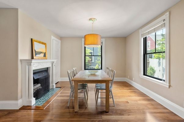 Dining room, Fireplace, Interior, Wood Texture Flooring