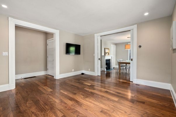 Dining room, Empty room, Fireplace, Interior, Recessed Lighting, Wood Texture Flooring