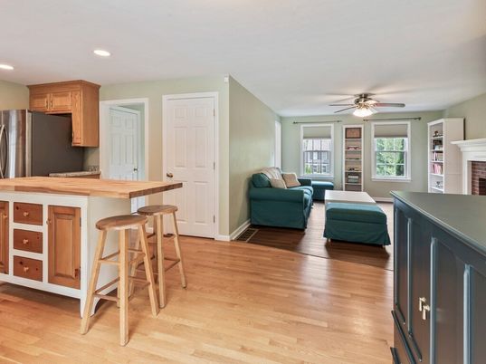 Fireplace, Interior, Kitchen, Living room, Recessed Lighting, Wood Texture Flooring