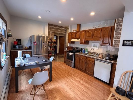 Interior, Kitchen, Recessed Lighting, Stainless Steel Appliances, Wood Texture Flooring