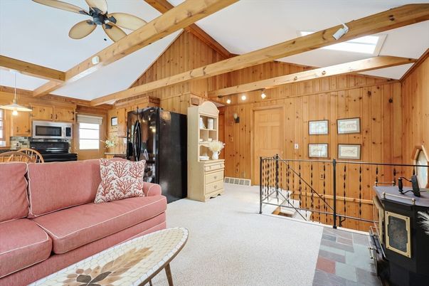 Fireplace, Interior, Living room, Pendant Lights, Wooden Beams, Wooden Walls