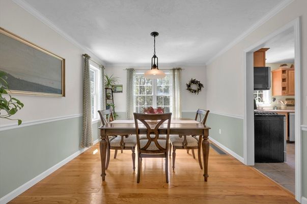Dining room, Interior, Pendant Lights, Wood Texture Flooring