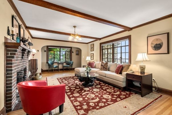 Chandelier, Fireplace, Interior, Living room, Wooden Beams, Wood Texture Flooring