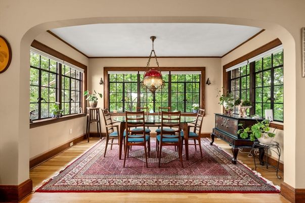 Dining room, Interior, Pendant Lights, Wood Texture Flooring