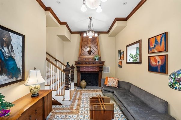 Fireplace, Interior, Living room, Pendant Lights, Piano