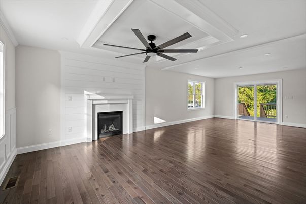Empty room, Fireplace, Interior, Recessed Lighting, Wood Texture Flooring