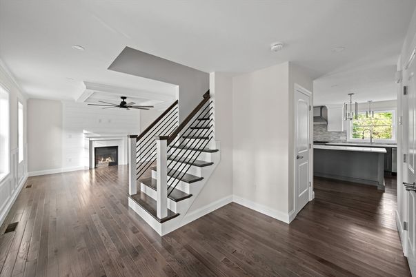 Empty room, Fireplace, Interior, Kitchen, Pendant Lights, Recessed Lighting, Wood Texture Flooring