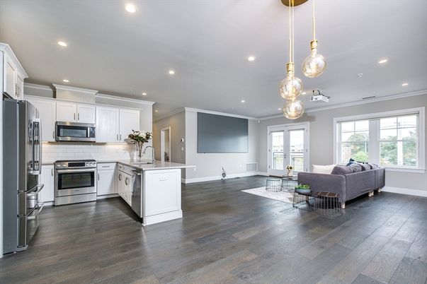 Interior, Kitchen, Living room, Pendant Lights, Recessed Lighting, Stainless Steel Appliances, Wood Texture Flooring