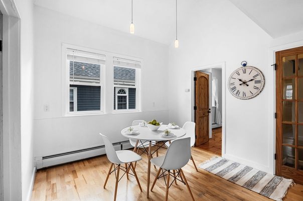 Dining room, Interior, Pendant Lights, Wood Texture Flooring