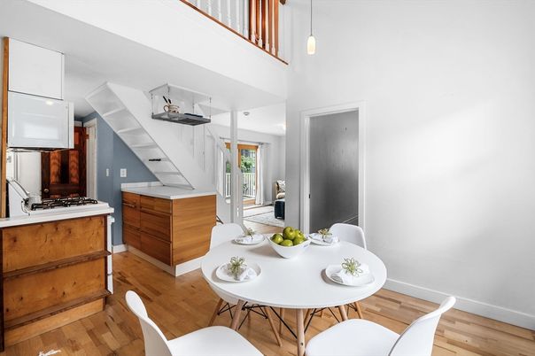 Dining room, Interior, Kitchen, Pendant Lights, Wood Texture Flooring