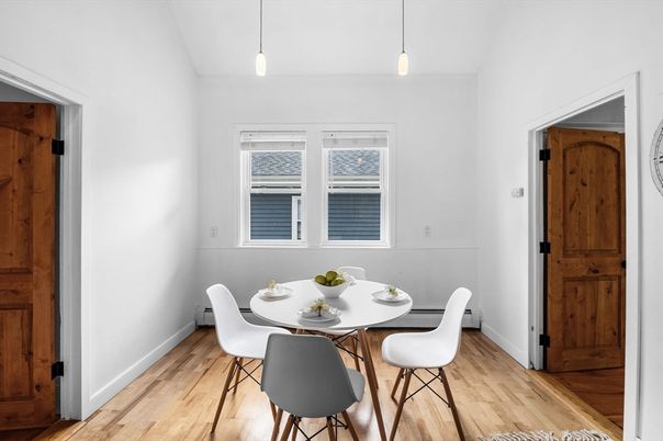 Dining room, Interior, Pendant Lights, Wood Texture Flooring