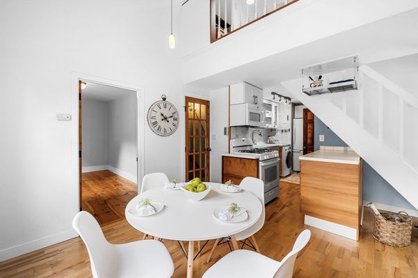 Dining room, Interior, Kitchen, Pendant Lights, Stainless Steel Appliances, Wood Texture Flooring