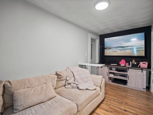 Interior, Projection Screen, Recessed Lighting, Wood Texture Flooring