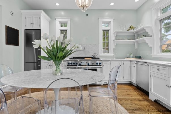 Dining room, Interior, Kitchen, Pendant Lights, Recessed Lighting, Stainless Steel Appliances, Wood Texture Flooring