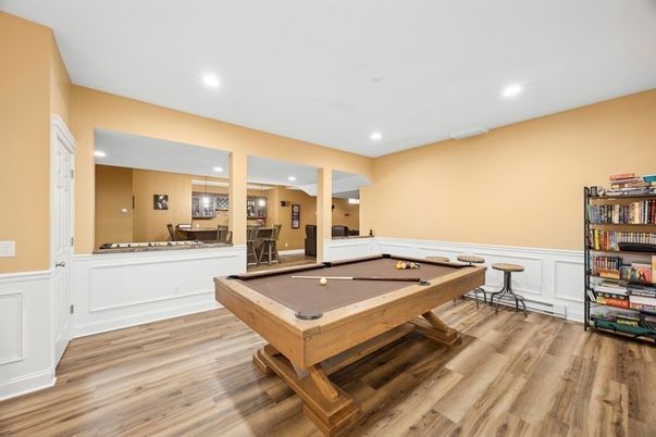 Billiard Table, Game Room, Interior, Recessed Lighting, Wood Texture Flooring