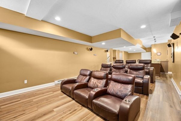 Home Theatre Room, Interior, Pendant Lights, Recessed Lighting, Theatre Room, Wood Texture Flooring