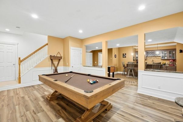 Billiard Table, Game Room, Interior, Pendant Lights, Recessed Lighting, Wood Texture Flooring