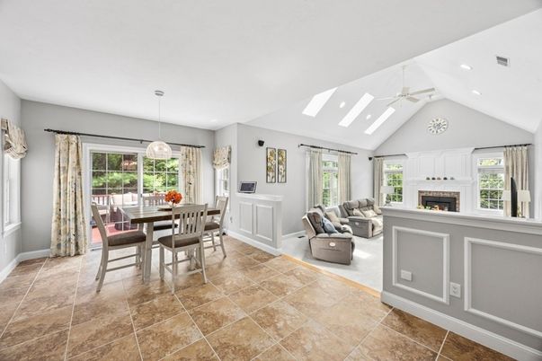 Dining room, Fireplace, Interior, Living room, Pendant Lights, Recessed Lighting