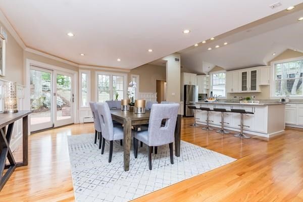 Dining room, Interior, Kitchen, Recessed Lighting, Stainless Steel Appliances, Wood Texture Flooring