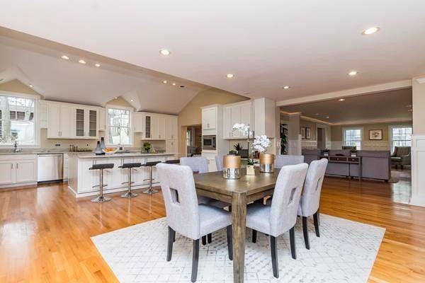 Dining room, Interior, Kitchen, Living room, Recessed Lighting, Stainless Steel Appliances, Wood Texture Flooring