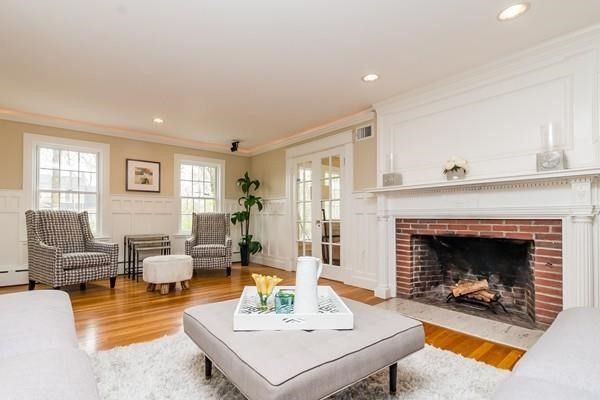 Fireplace, Interior, Living room, Recessed Lighting, Wood Texture Flooring