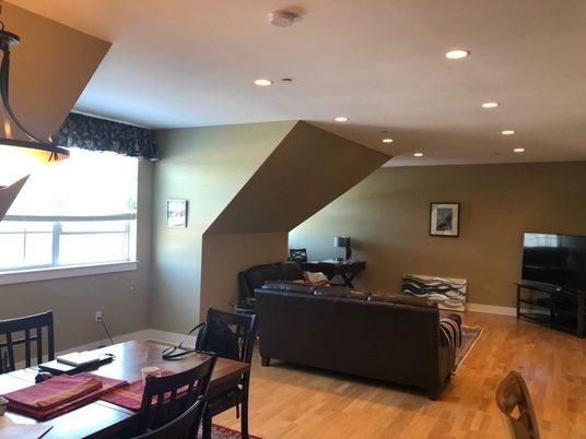 Dining room, Interior, Living room, Recessed Lighting, Wood Texture Flooring