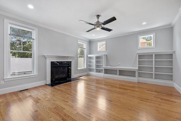 Empty room, Fireplace, Interior, Recessed Lighting, Wood Texture Flooring
