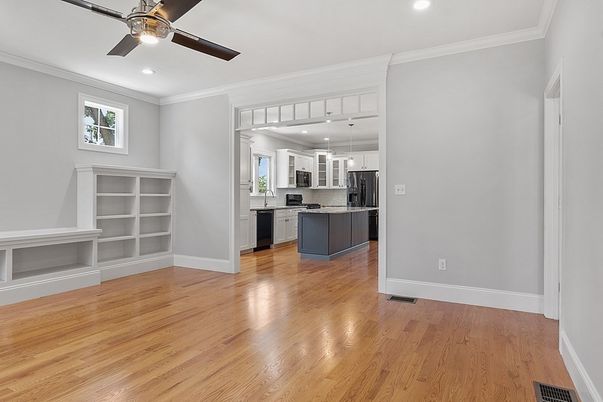 Empty room, Interior, Kitchen, Recessed Lighting, Wood Texture Flooring