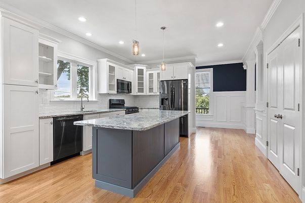 Interior, Kitchen, Pendant Lights, Recessed Lighting, Stainless Steel Appliances, Wood Texture Flooring