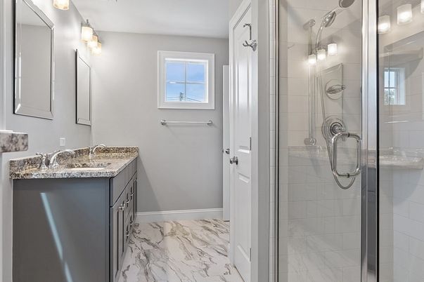 Bathroom, Dual Sink Vanities, Glass Shower, Interior, Marble