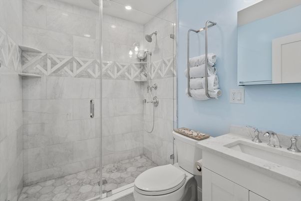 Bathroom, Glass Shower, Interior, Marble Walls, Recessed Lighting