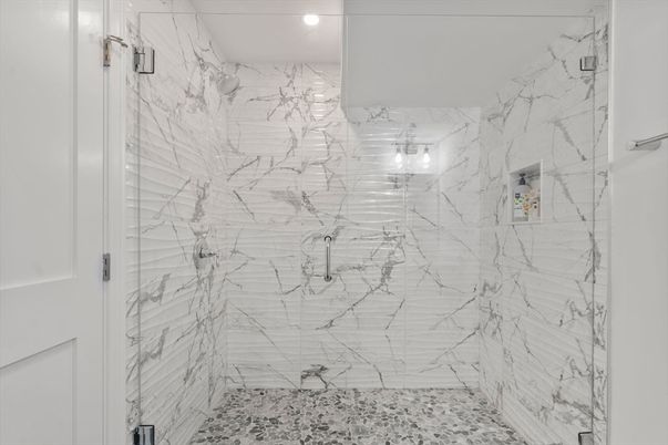 Bathroom, Glass Shower, Interior, Marble Walls, Recessed Lighting