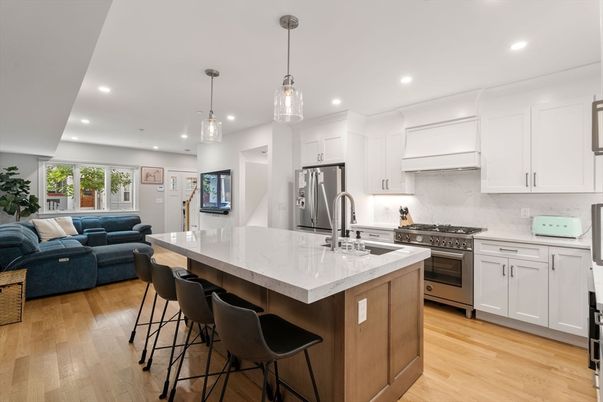 Interior, Kitchen, Living room, Pendant Lights, Recessed Lighting, Stainless Steel Appliances, Wood Texture Flooring