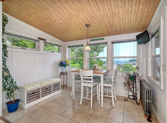 Dining room, Interior, Pendant Lights, Sun Room, Water, Wooden Ceilings