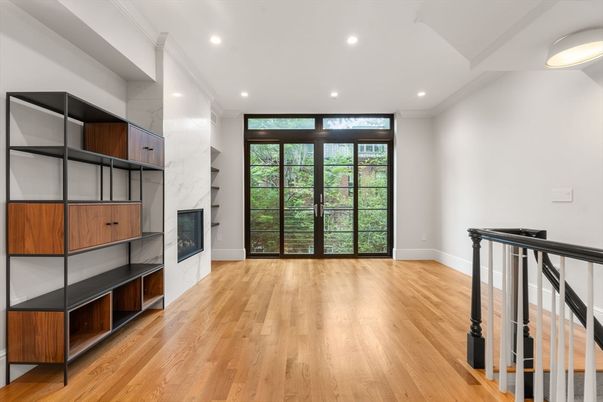 Fireplace, Interior, Recessed Lighting, Wood Texture Flooring