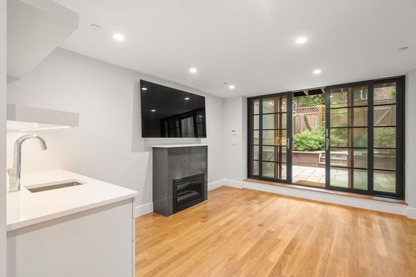Empty room, Fireplace, Interior, Recessed Lighting, Wood Texture Flooring