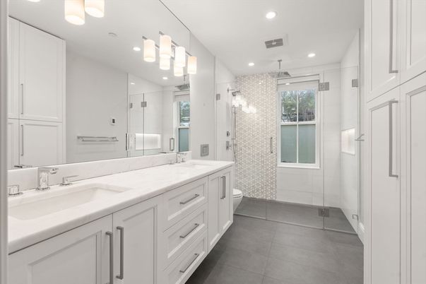 Bathroom, Dual Sink Vanities, Glass Shower, Interior, Recessed Lighting