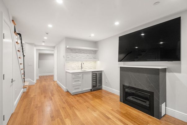 Fireplace, Interior, Recessed Lighting, Wood Texture Flooring