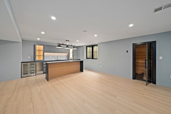 Interior, Kitchen, Pendant Lights, Recessed Lighting, Wood Texture Flooring