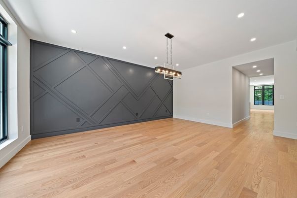 Empty room, Interior, Pendant Lights, Recessed Lighting, Wood Texture Flooring