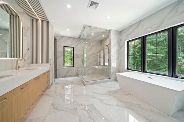 Bathroom, Dual Sink Vanities, Free Standing Baths, Glass Shower, Interior, Marble, Marble Walls, Recessed Lighting