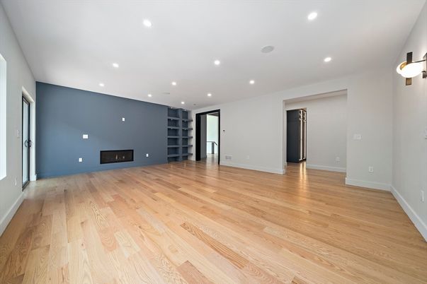 Empty room, Fireplace, Interior, Recessed Lighting, Wood Texture Flooring