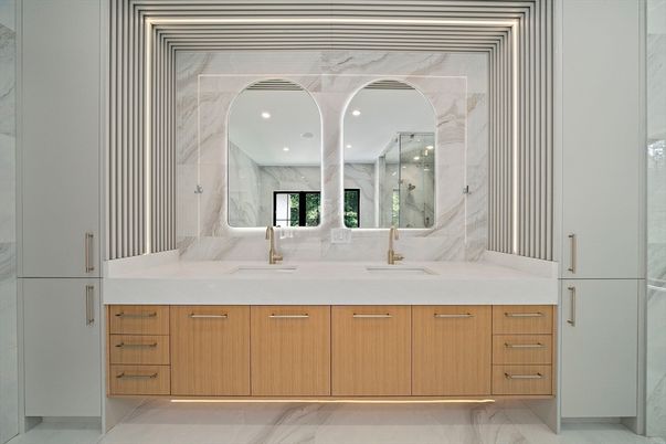 Bathroom, Dual Sink Vanities, Interior, Marble, Marble Walls, Recessed Lighting