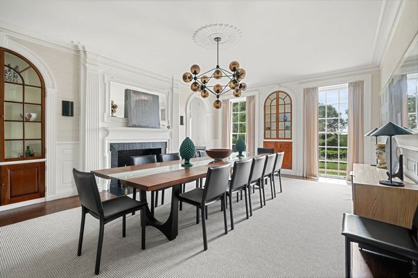 Dining room, Fireplace, Interior, Pendant Lights